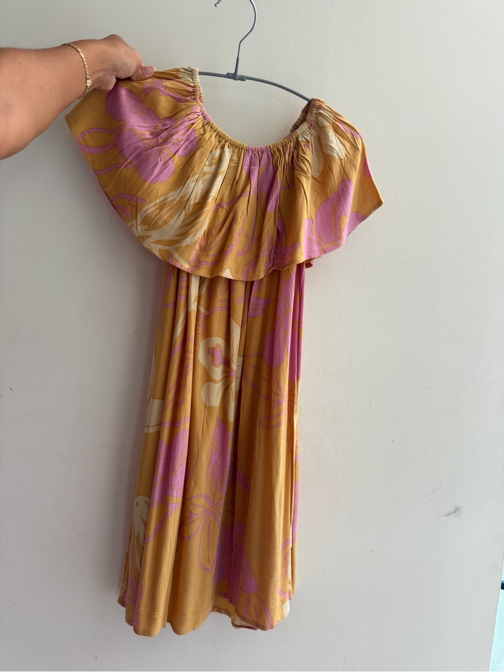Strapless Ruffled Midi Dress in Mustard and Pink